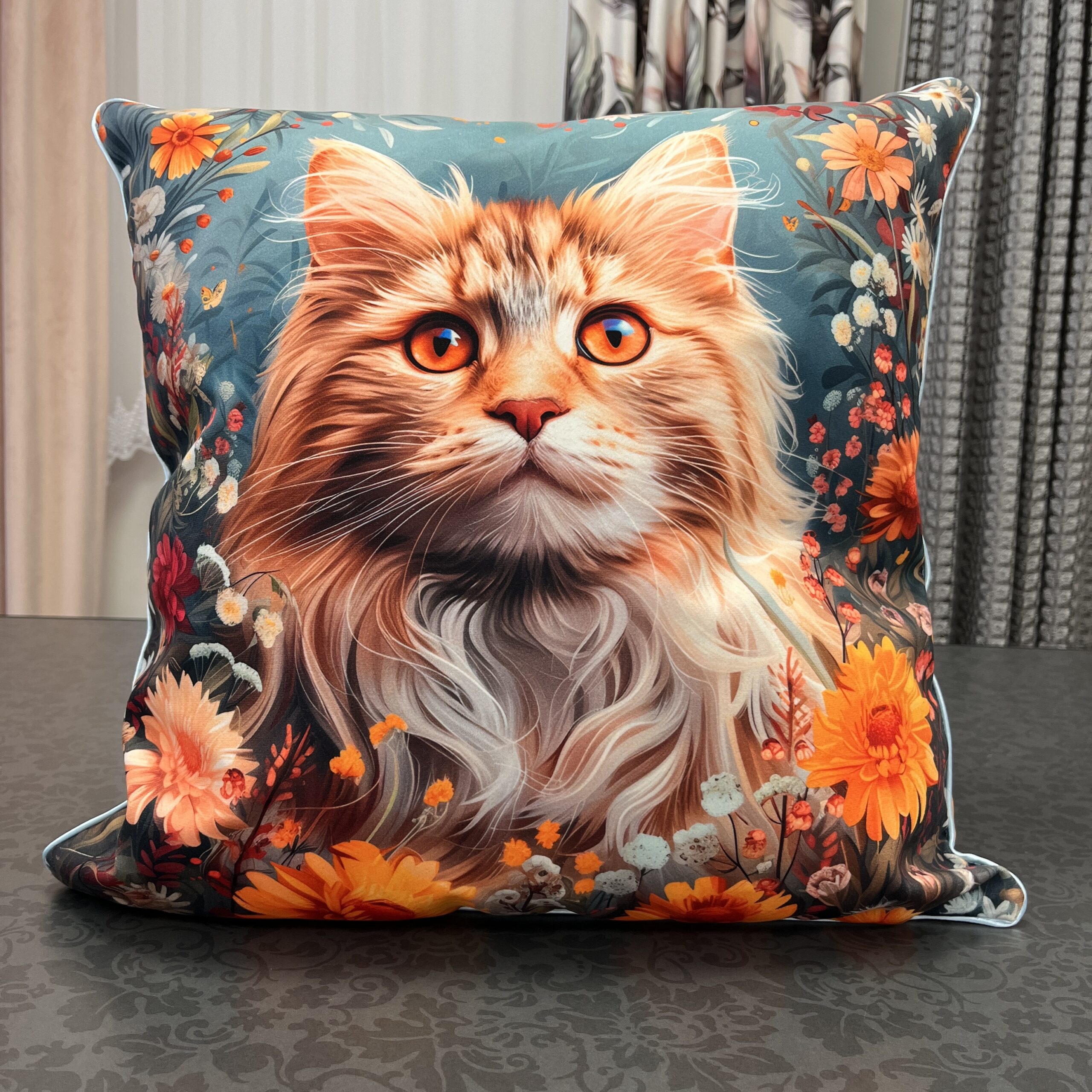 Poszewka welurowa MALOWANY KOT W KWIATACH 50x50cm