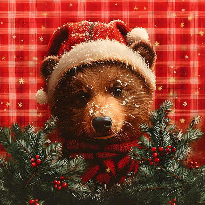 Poszewka welurowa MIŚ NA CZERWONEJ KRATCE 50x50 cm - obrazek 2